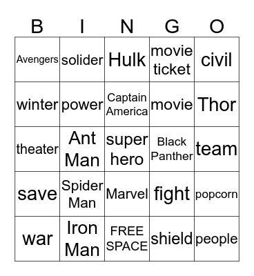 Avengers Card bingo game Bingo Card