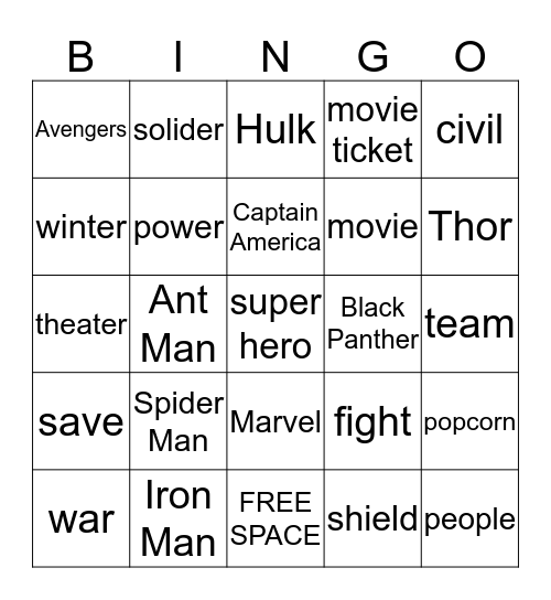 Avengers Card bingo game Bingo Card
