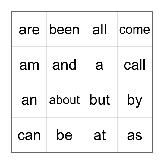 Sight Words Bingo Card