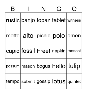 Multisyllable Bingo Card