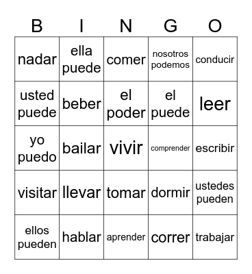 MS Verbs w/ Poder Bingo Card