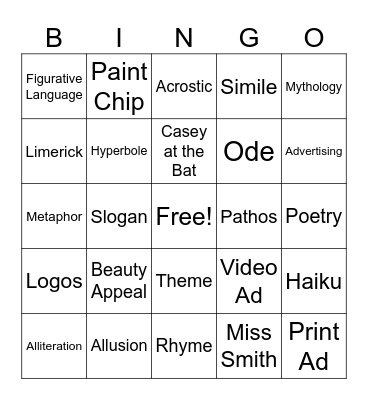 English Bingo Card