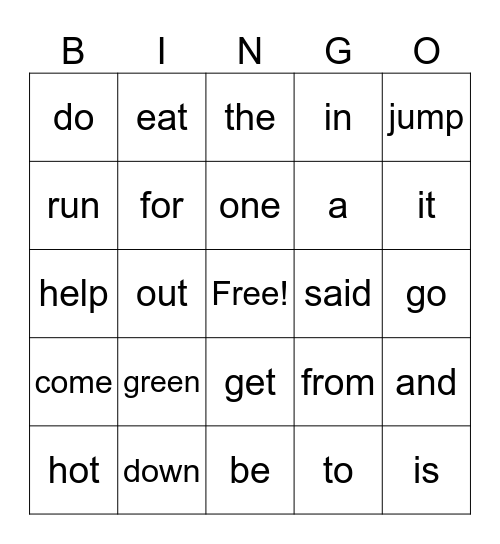 Sight Word Bingo Card