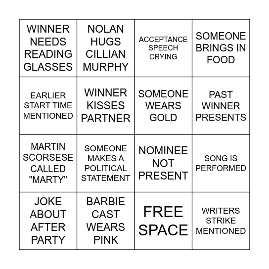 PFS 11th Annual Oscars Party Bingo Card
