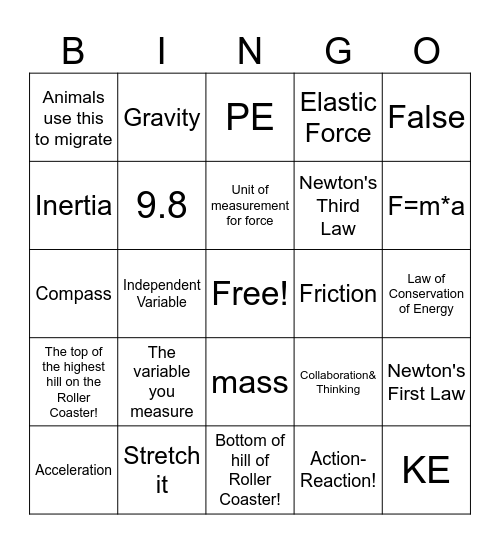 Forces and Motion Review Bingo Card