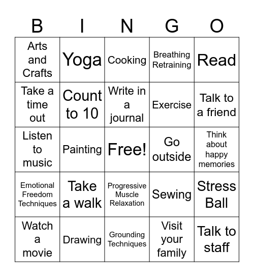 Stress Management Bingo Card