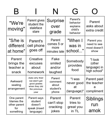 Parent/Teacher Conference Bingo Card