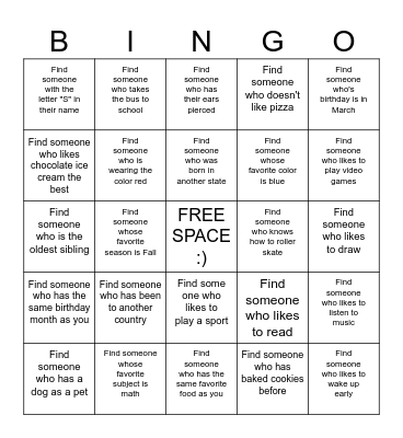 Find a Friend Bingo Card