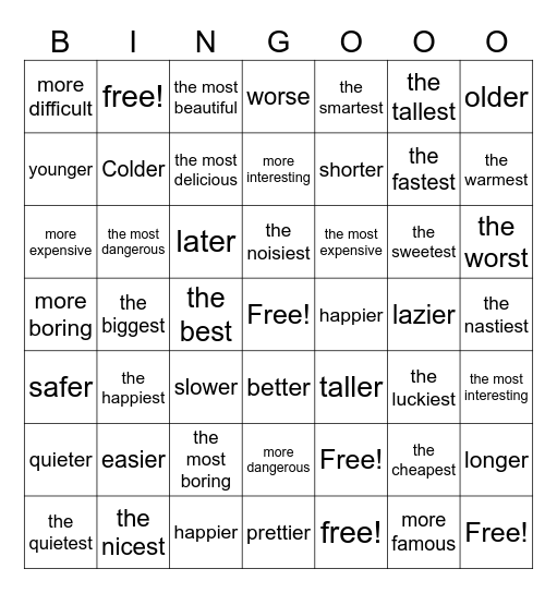 Comparatives and Superlatives Bingo Card