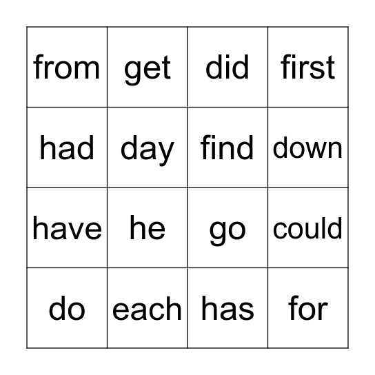 Sight Word Bingo Card