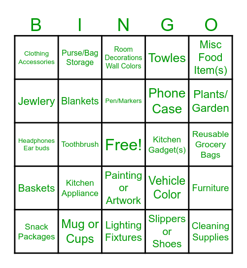 Green Items Around Your Home Bingo Card