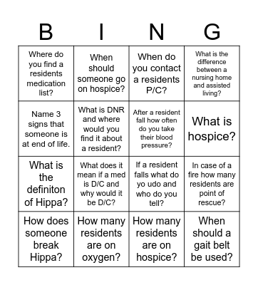 Care Partners Bingo Card