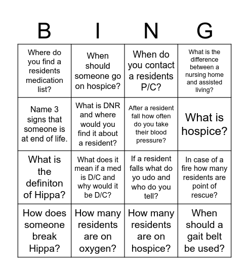 Care Partners Bingo Card