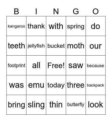 1U Spelling Bingo Card