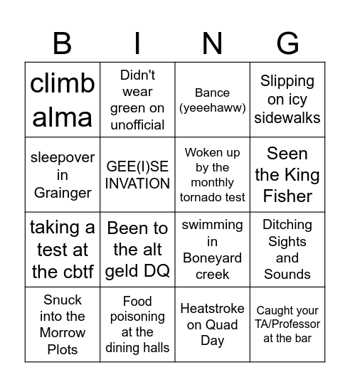 The Ultimate UIUC Experience Bingo Card