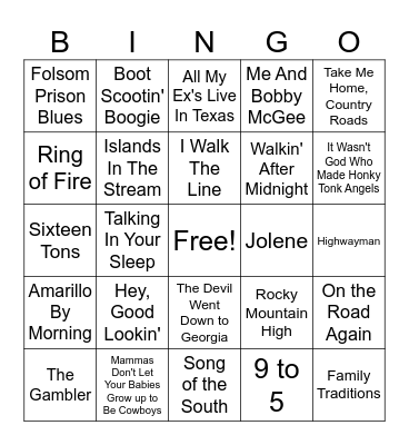 Country Songs Bingo Card