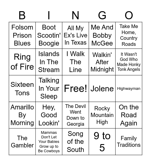 Country Songs Bingo Card