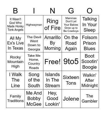 Country Songs Bingo Card