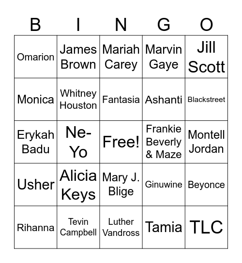 Sing Along RnB Bingo Card