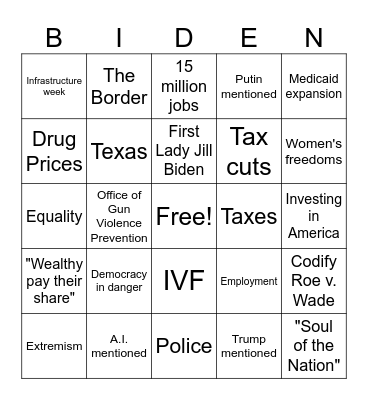 2024 State of the Union Bingo Card