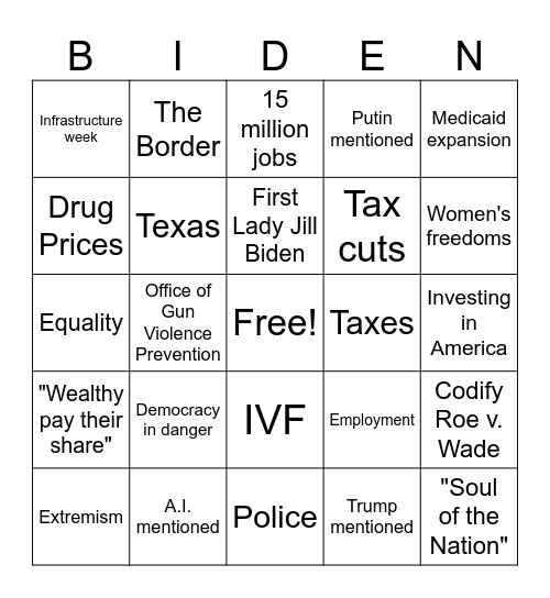 2024 State of the Union Bingo Card