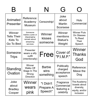 Oscars Bingo (Barfield's Version) Bingo Card