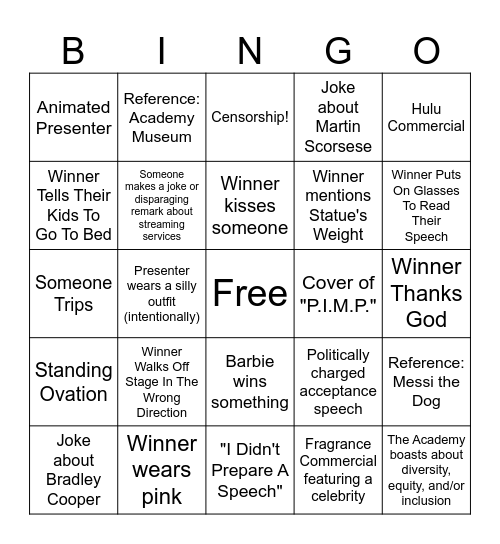 Oscars Bingo (Barfield's Version) Bingo Card
