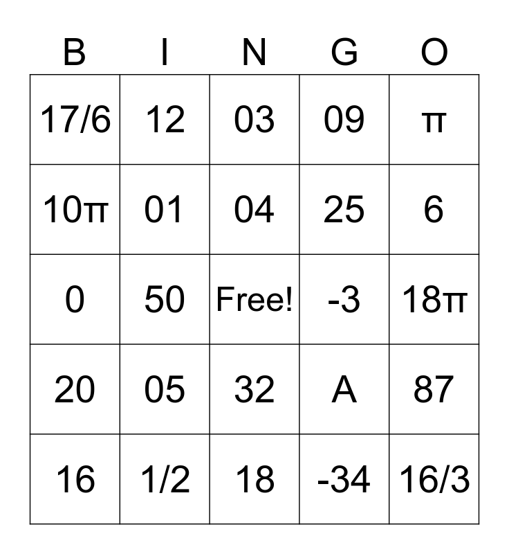Math Bingo! Bingo Card