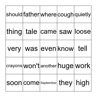 Sightword Bingo Card
