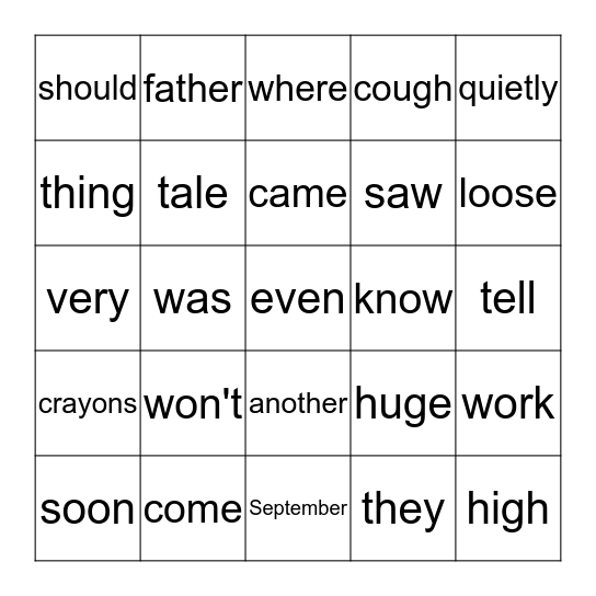 Sightword Bingo Card