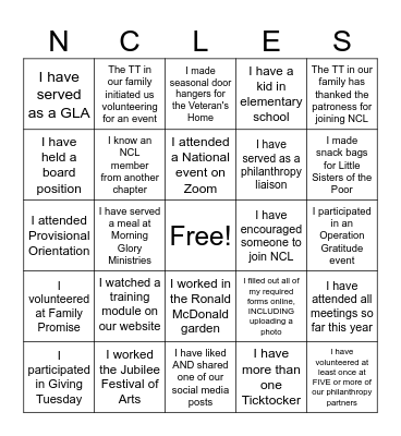 National Charity League Bingo Card