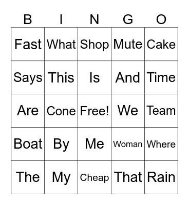 Sight Word Bingo Card