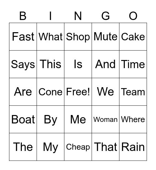 Sight Word Bingo Card