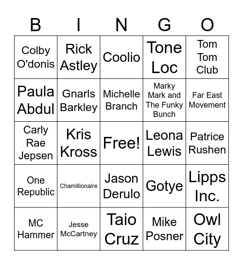 One Hit Wonders Pop Edition Bingo Card