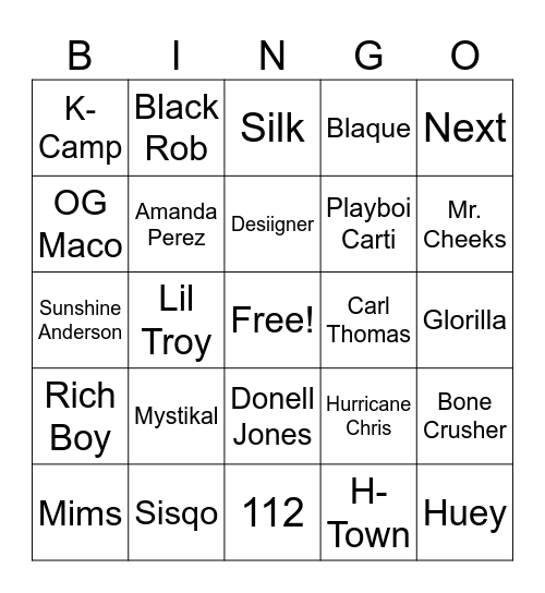 HipHopOneHitWonders Bingo Card