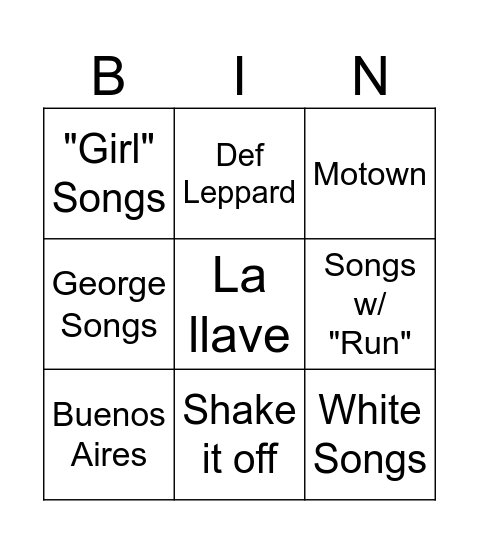 Music Bingo Card