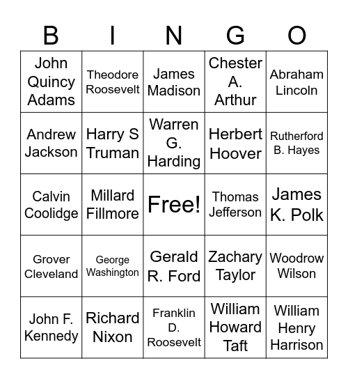 Presidents Bingo Card