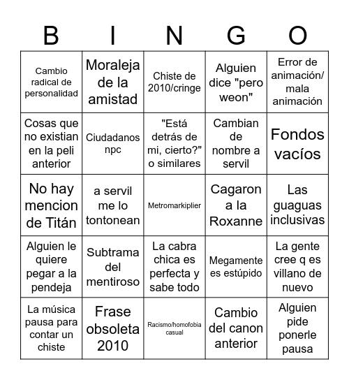 Megañonga 100 Bingo Card