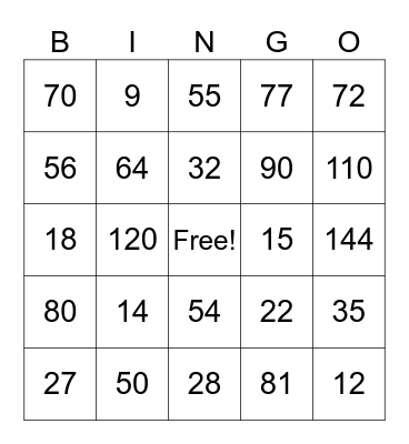 Multiplication Bingo Card