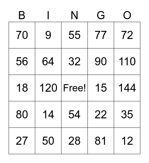 Multiplication Bingo Card