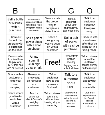 The Trail to Osprey Packs Bingo Card