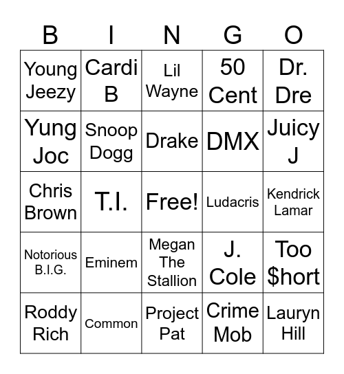 HipHop Singalong Bingo Card