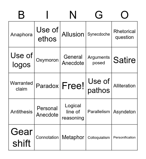 Rhetorical Bingo Card