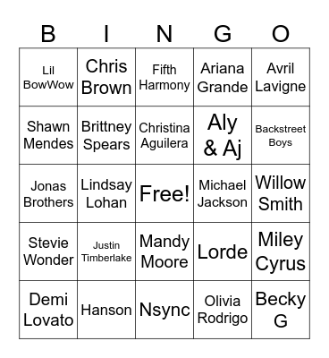 Child Pop Stars Bingo Card