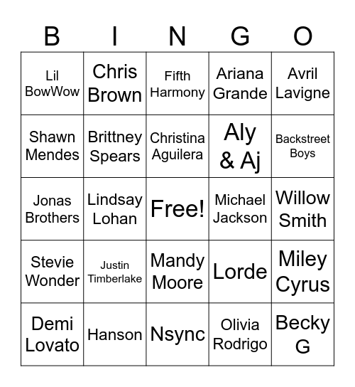 Child Pop Stars Bingo Card