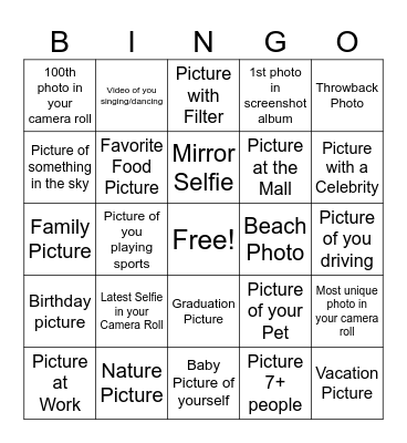 Camera Roll Scavenger Hunt Bingo Card