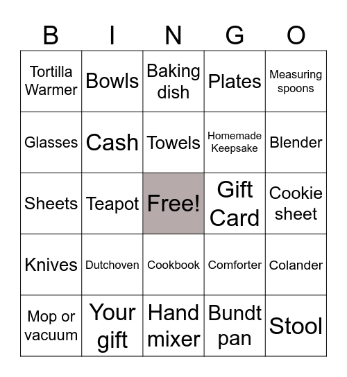 Julia’s Bridal Gift Bingo!! Bingo Card