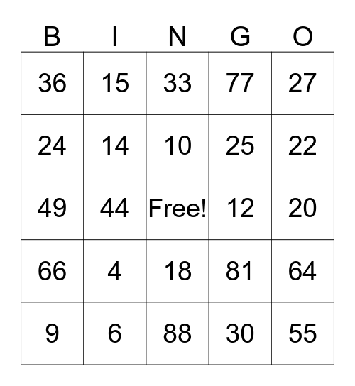 Multiplication Bingo Card