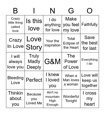 Love Songs Bingo Card