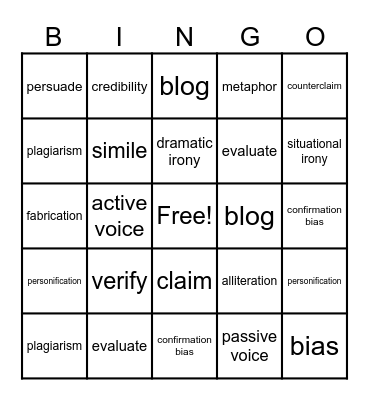 Research Vocabulary Bingo Card